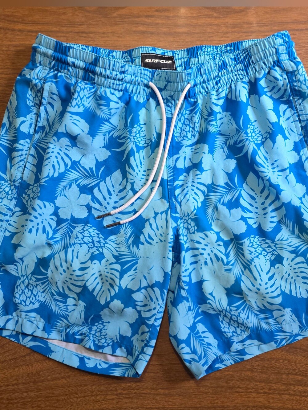 Surfcuz Blue Tropical Floral Monstera Pineapple Swim Trunks Shorts Size M
